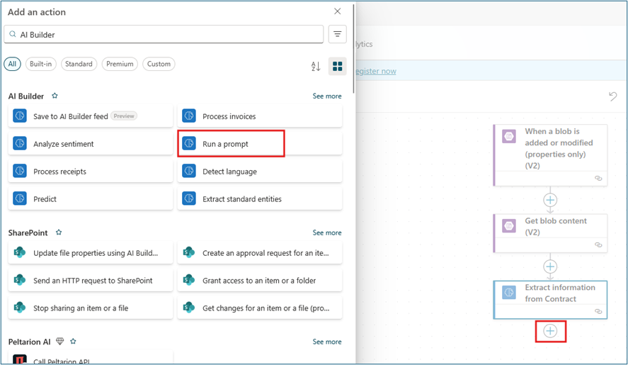 Flow designer showing Add an action with Run a prompt AI Builder action