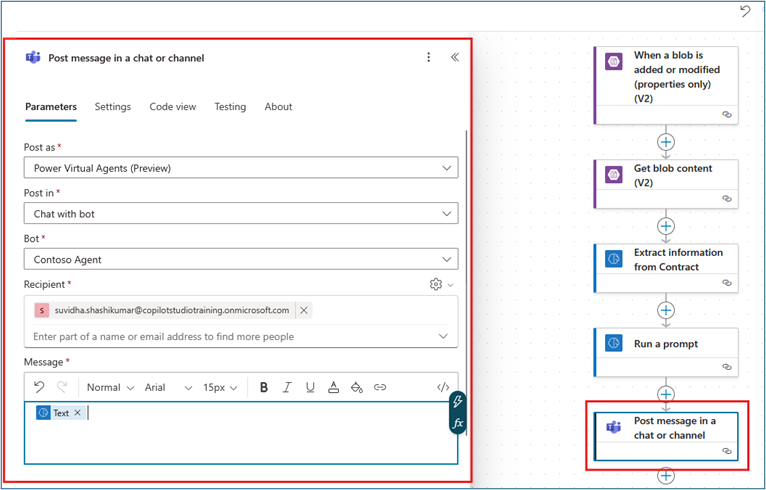 Post a message in a chat or channel action configured with Power Virtual Agents, Contoso Agent bot, recipient, and dynamic message content