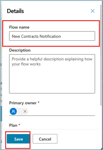 Flow name editor showing New Contracts Notification as the flow name with Save button