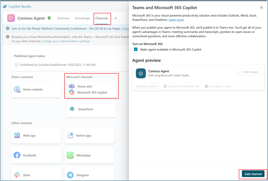 Channels tab showing Teams and Microsoft 365 Copilot option with Add channel button