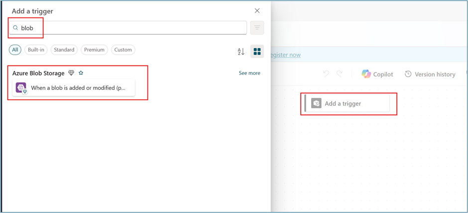 Flow designer showing Add a trigger node with blob search results and trigger selection