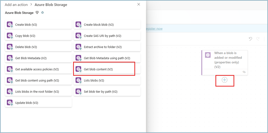 Flow designer showing Add an action with Get Blob Content V2 action selected