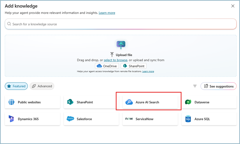 Knowledge source selection dialog showing Azure AI Search option
