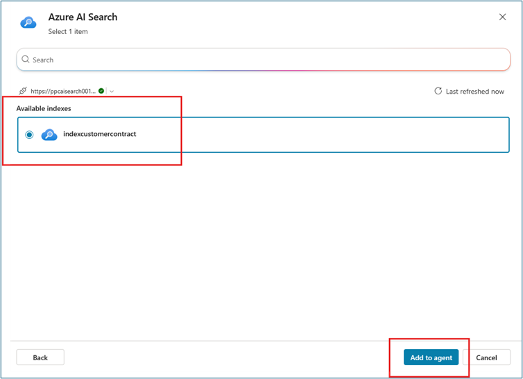 Azure AI Search index selection showing available indexes with Add to agent button
