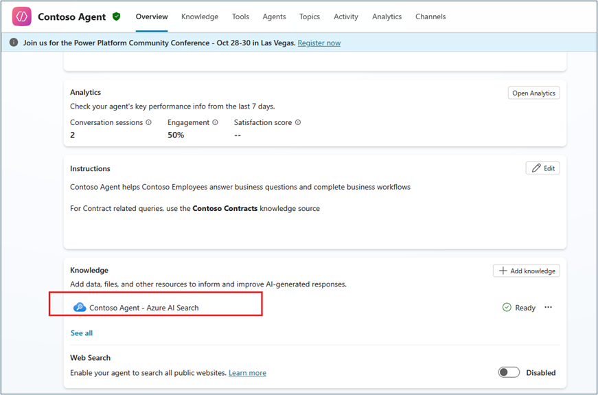 Knowledge sources list showing connected Azure AI Search with edit option