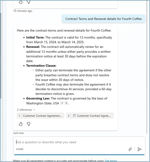 Teams test chat showing user query about Fourth Coffee contract with agent response providing contract terms and renewal details from Azure AI Search knowledge source