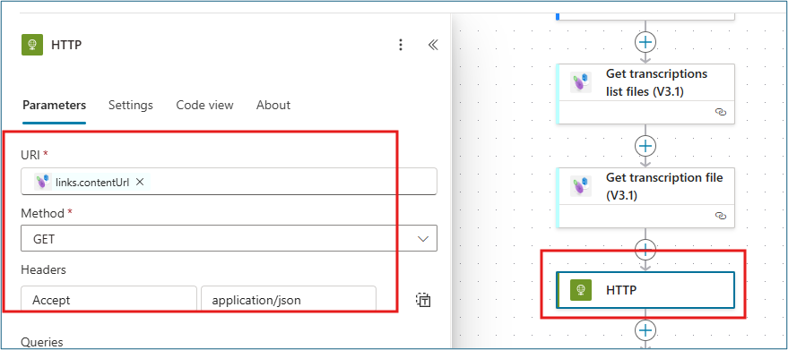 HTTP action configured with URI from Get transcription file contentUrl, GET method, and Accept application/json header