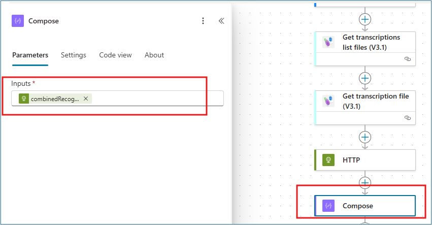 Compose action with Inputs field containing expression to extract combinedRecognizedPhrases from HTTP response body
