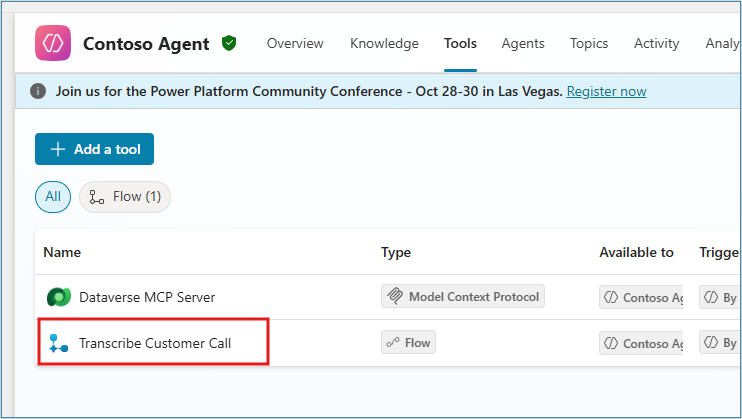 Tools tab showing successfully added Transcribe Customer Call flow in the agent's tool list