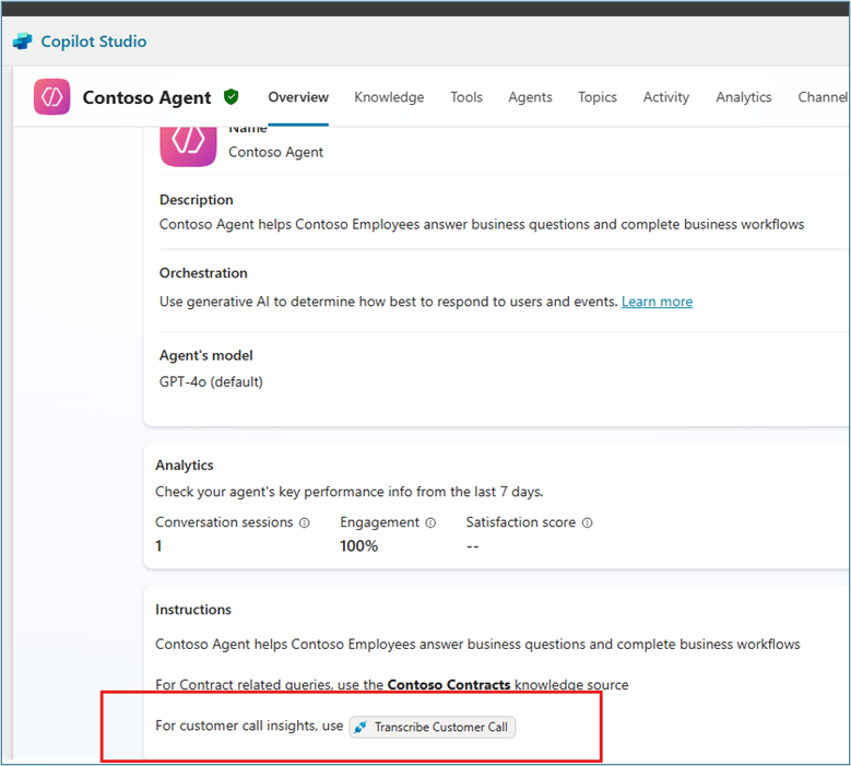 Agent instructions editor showing how to reference the Transcribe Customer Call flow for call insights