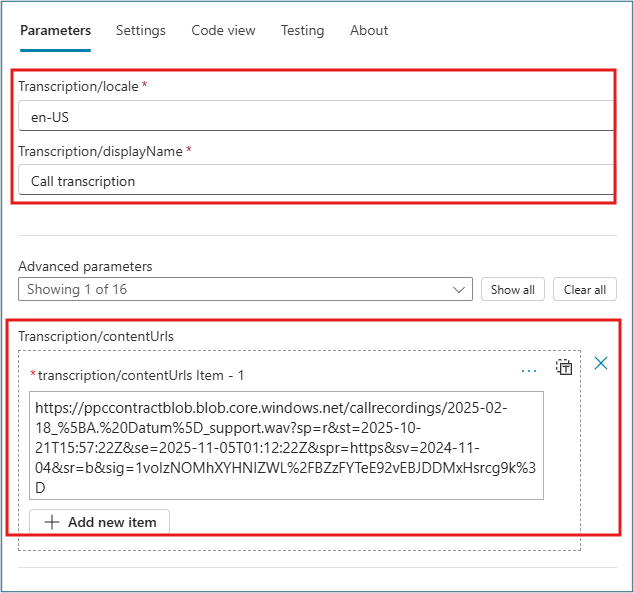 Create transcription action configuration showing locale, displayName, and contentUrls parameters