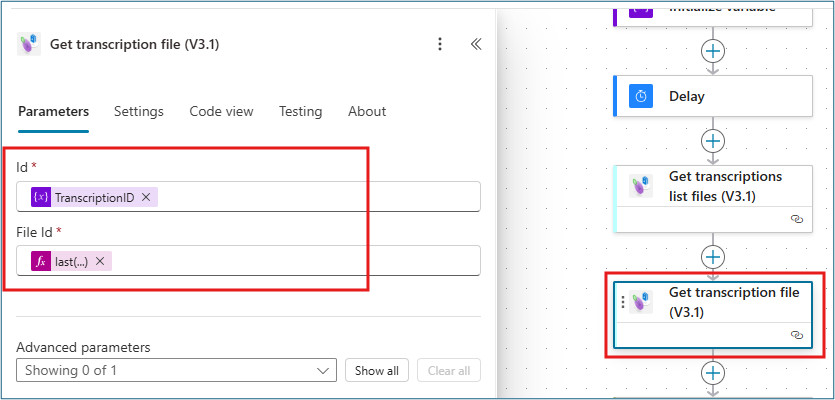 Get transcription file action with Id using TranscriptionID variable and File Id expression to extract file identifier