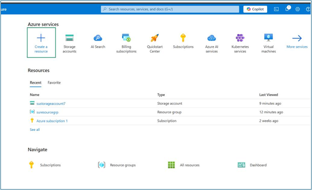 Azure Portal home screen with Create a resource button and storage account search
