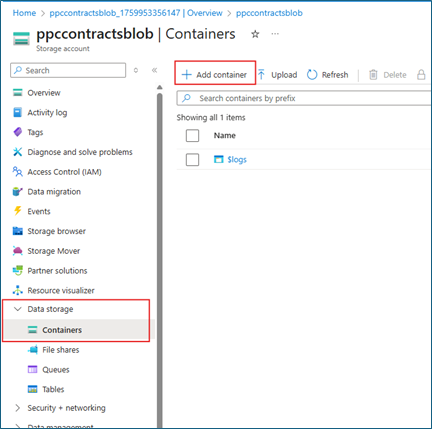 Storage account overview showing Containers option under data storage section with Add container button