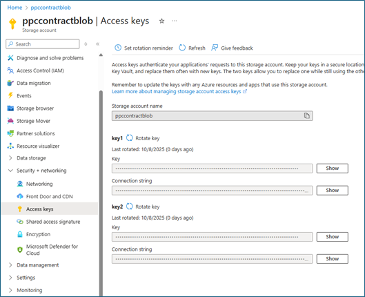 Access keys page displaying storage account name and key values with copy buttons