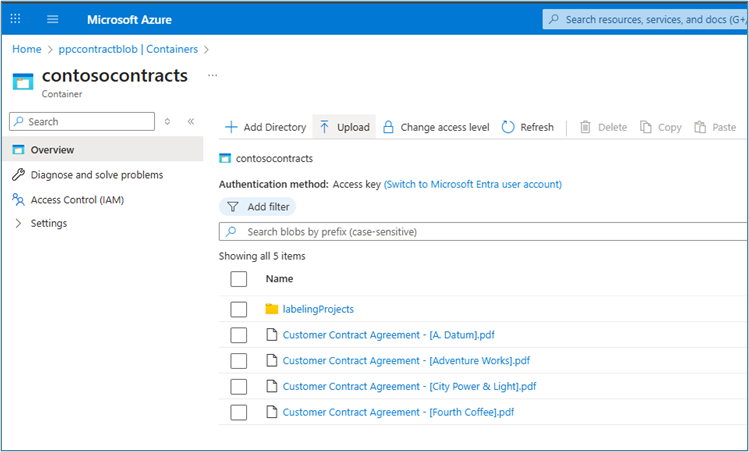 Azure Blob Storage container showing uploaded contract documents