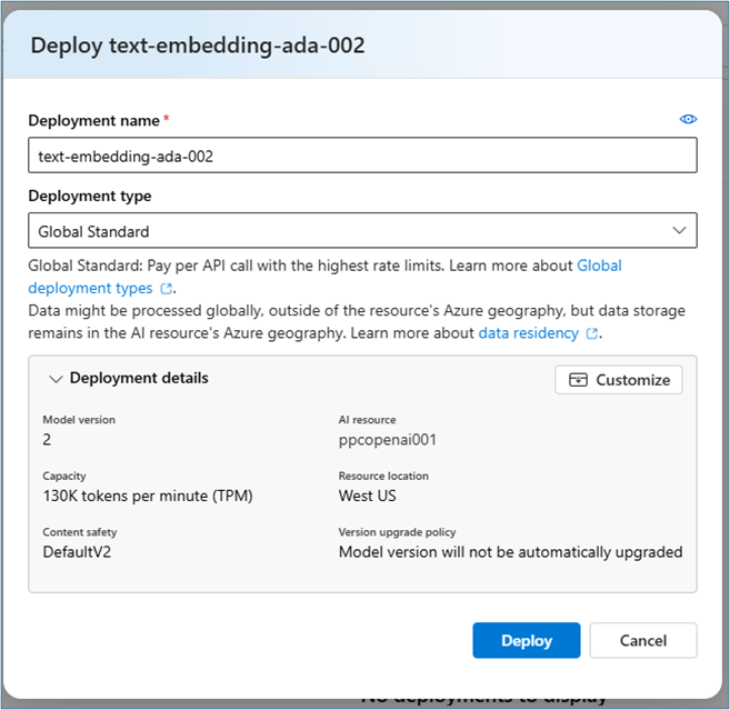 Model deployment configuration showing deployment name, model version, and capacity settings with Deploy button