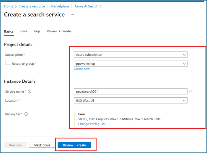 Azure AI Search creation form with subscription, resource group, service name, location, and pricing tier fields