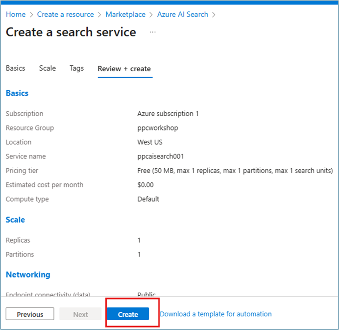 Azure AI Search creation review page showing all configuration values with Create button