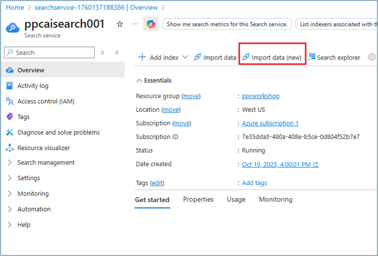 Azure AI Search overview page with Import data (new) button highlighted