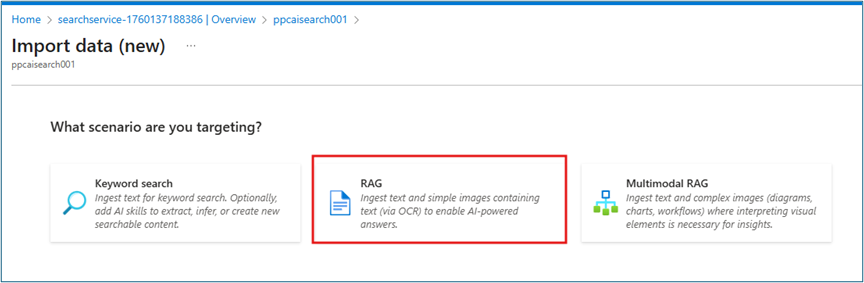 Import data wizard showing RAG scenario selection for retrieval-augmented generation