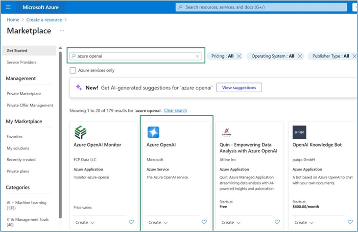 Azure Marketplace showing Azure OpenAI search results