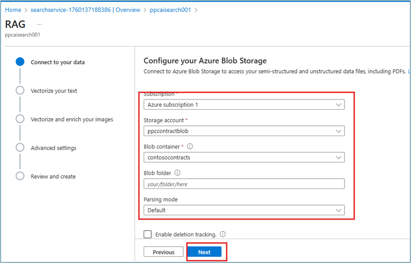 Data source configuration form with connection string, container name, and authentication details for Blob storage
