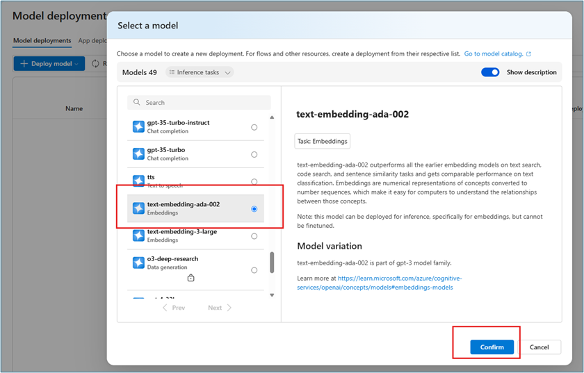 Azure AI Foundry deployments page showing text-embedding-ada-002 model selection for deployment