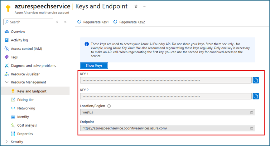 Azure AI services Keys and Endpoint page showing key values and service endpoint with copy buttons