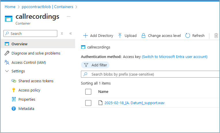 Blob container showing Upload button and interface for uploading audio files
