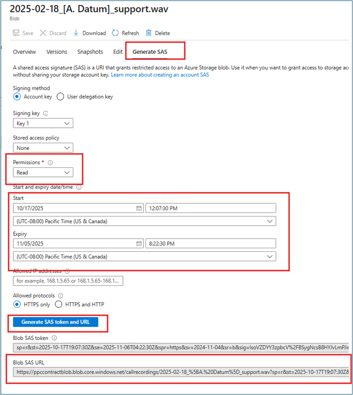 Audio file properties page with Generate SAS button to create shared access signature URL for Speech Service access