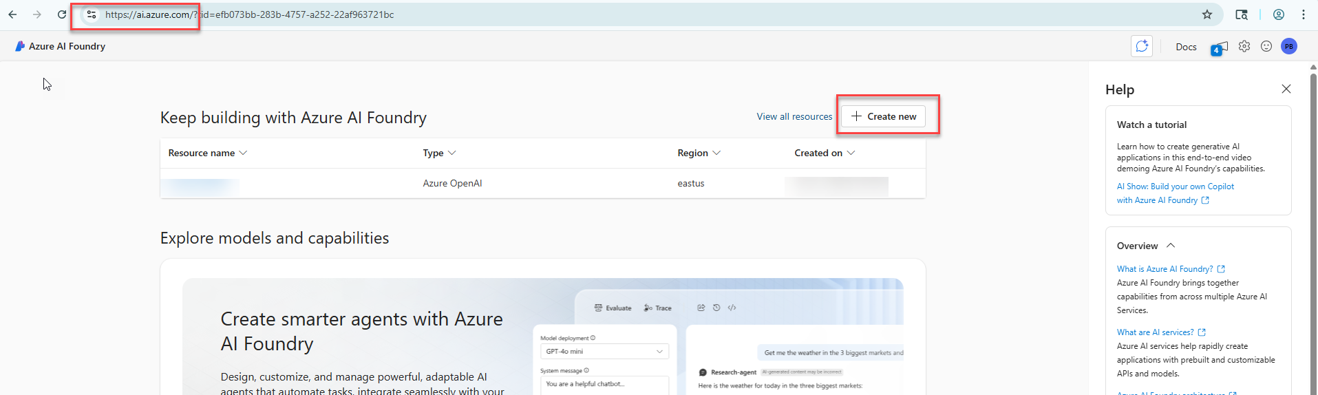 Create new in Azure AI Foundry